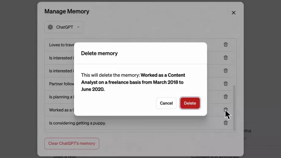 Il existe également la possibilité de supprimer toute la mémoire. (OpenAI)