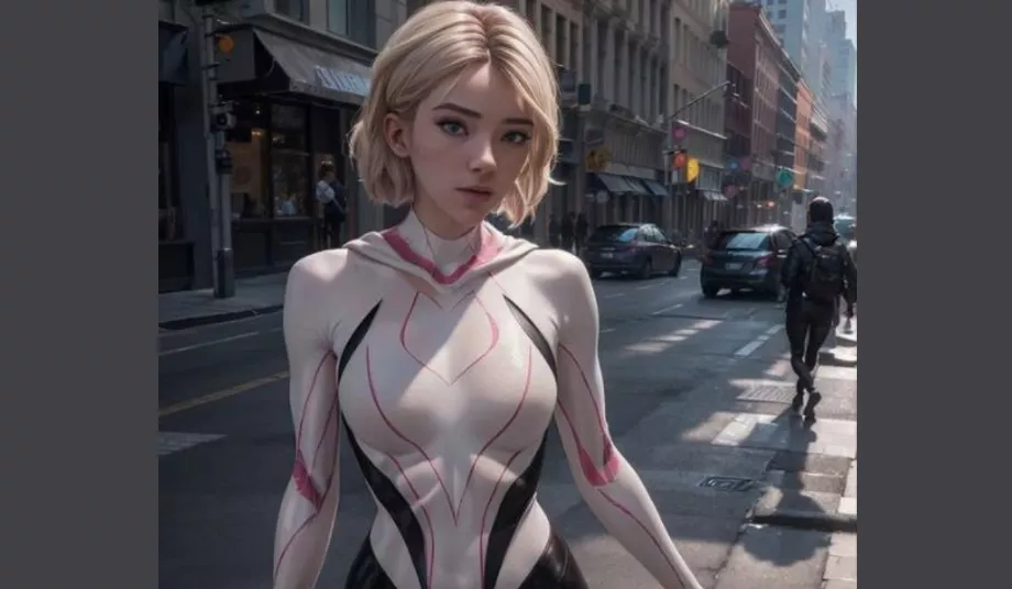Le costume de Spider-Gwen mélange les nuances de blanc, de noir et de rose. (MySmartArts/CivitAI)