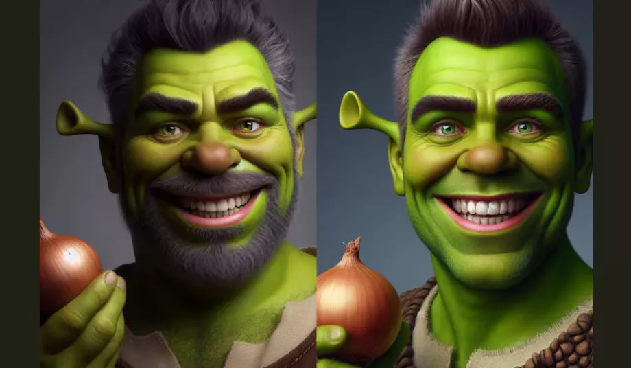 Shrek est différent de toutes les autres images car il a les cheveux gris et une barbe. (Copilote)