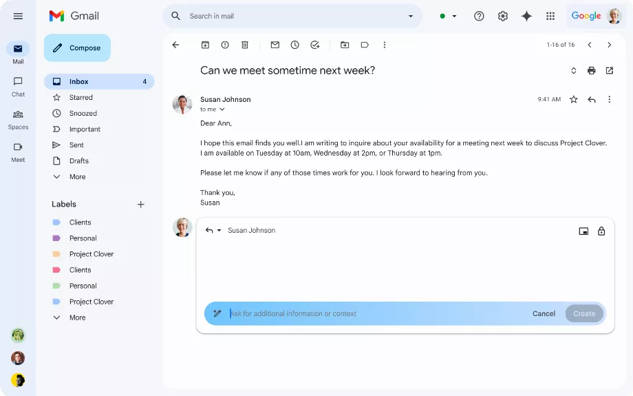 Gemini accélère l'écriture de texte dans Gmail. (Google)
