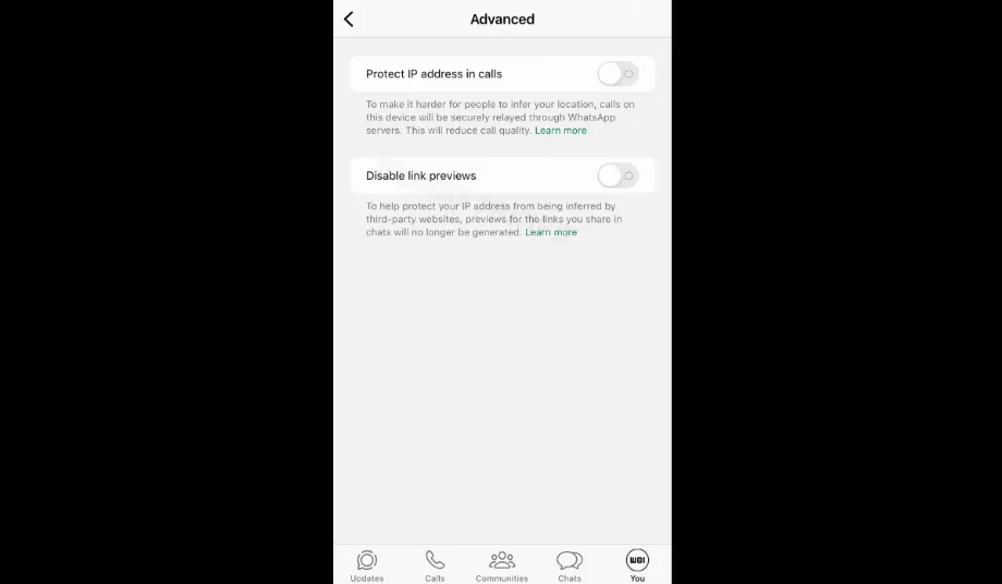Nouveaux commutateurs qui vous permettent de masquer l'adresse IP dans les appels et de désactiver les aperçus des liens. (WABetaInfo)