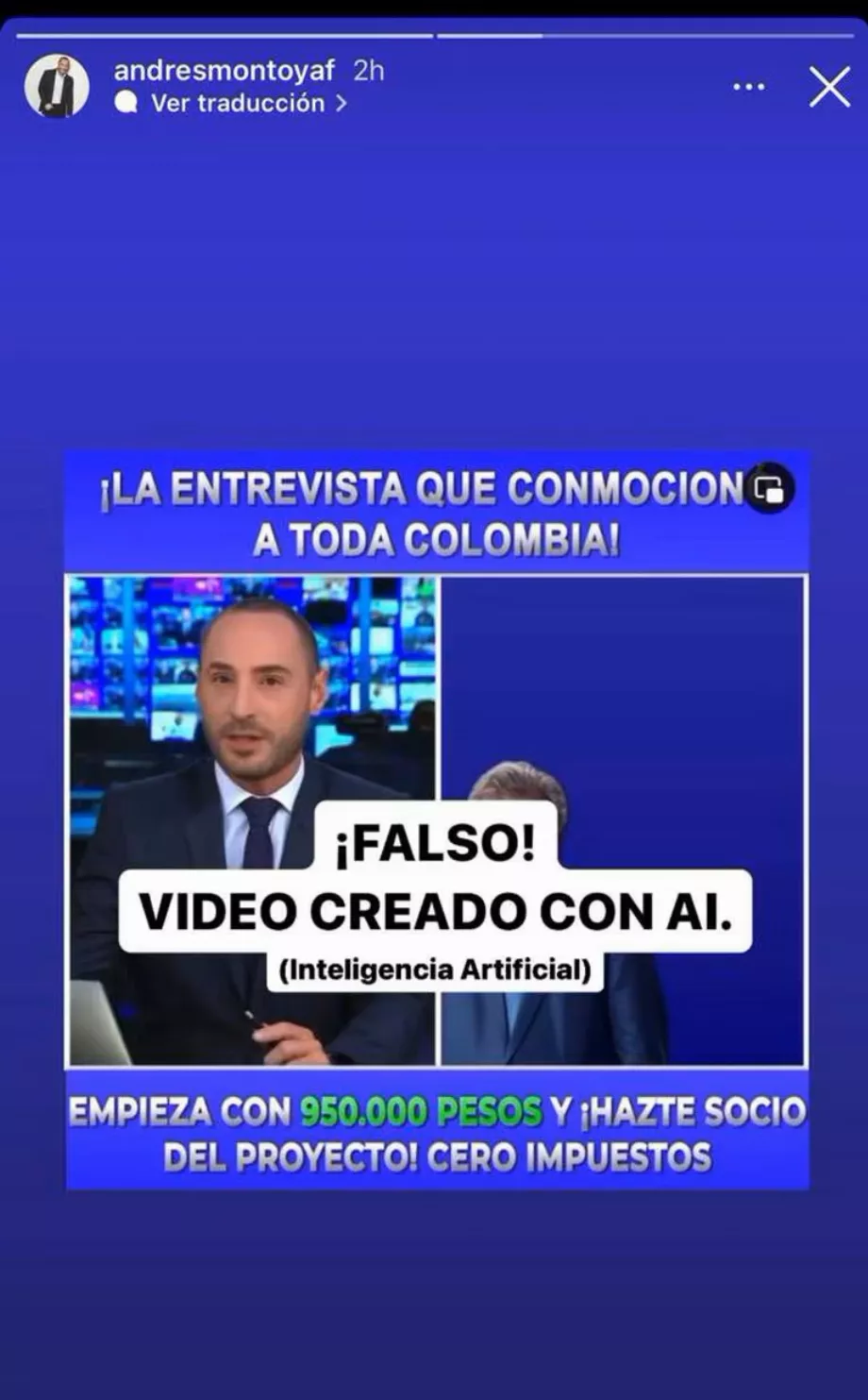 Andrés Montoya a précisé qu'il ne soutient pas les entreprises d'investissement présumées et a signalé une arnaque - crédit @Andrésmontoyaf / Instagram