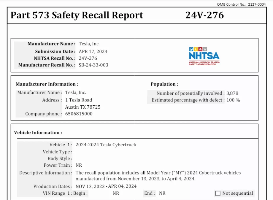 Le rapport de la NHTSA indique avec précision que 3 878 devraient être rappelés. (NHTSA)