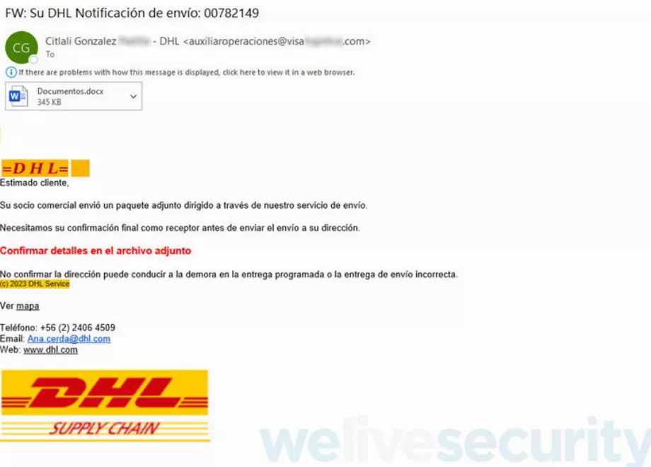 Les criminels utilisent l'image de DHL, mais leurs e-mails ne correspondent pas à l'entreprise dont ils se font passer pour eux. (ESET)