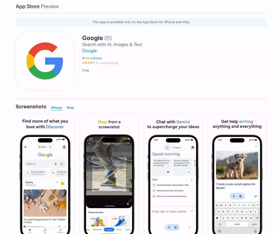 Pour les utilisateurs iOS, Gemini est intégré à l'application Google. (Magasin d'applications)