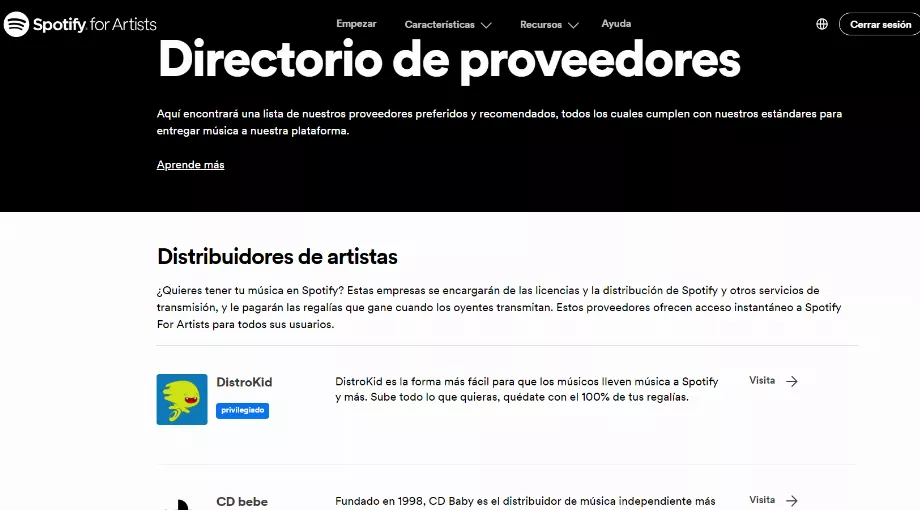 La même plateforme recommande une série de distributeurs. (Spotify)
