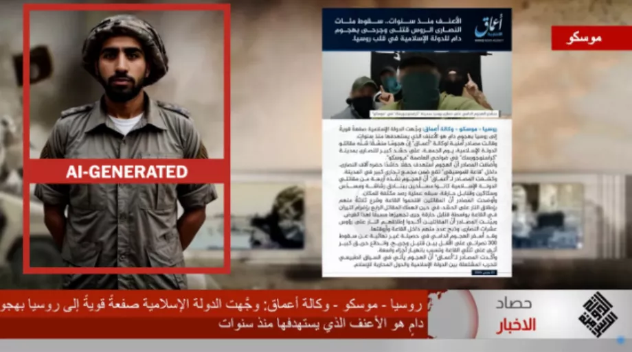 Capture d'écran d'une émission d'information créée par des partisans de l'État islamique montrant un présentateur d'information généré par l'IA. (Groupe de renseignement SITE)