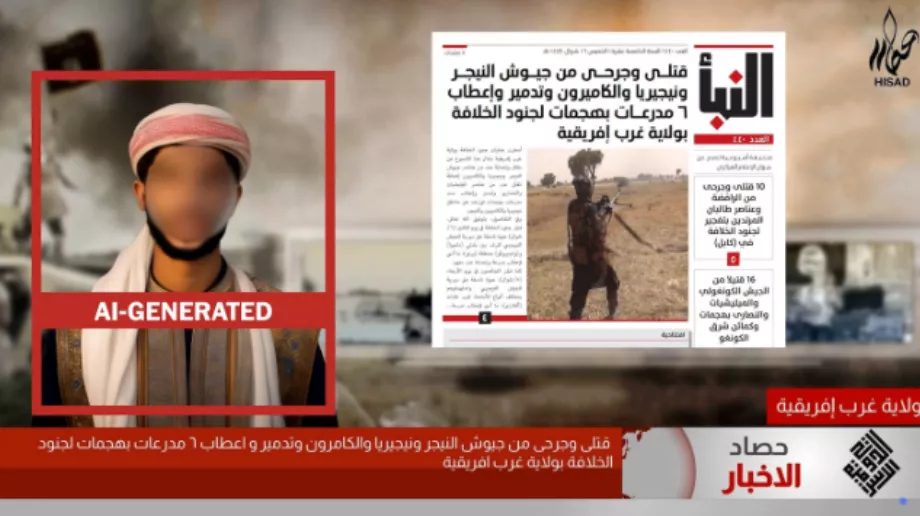 Une capture d'écran d'une émission d'information créée par des partisans de l'État islamique qui comprend un présentateur d'information généré par l'IA. Les partisans du groupe se demandent si les vidéos générées par l’IA sont haram, c’est-à-dire contraires à la loi islamique. En conséquence, le dernier épisode du journal télévisé brouille le visage du présentateur de nouvelles généré par l’IA. (SI TU)
