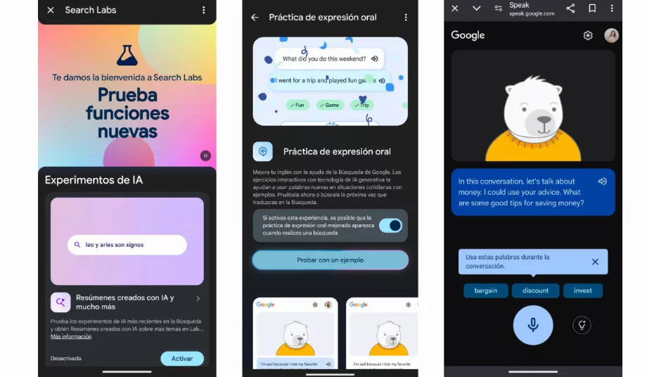 Search Labs dispose de l'outil d'IA pour pratiquer l'anglais. (Google)