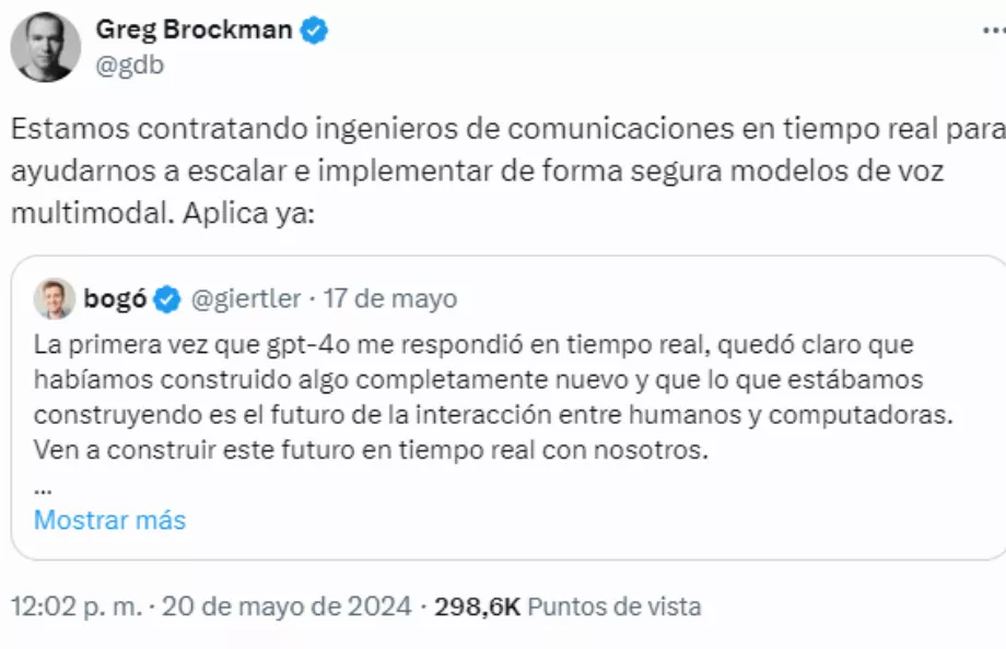 Le poste vacant a été popularisé grâce à une annonce de Greg Brockman, co-fondateur d'OpenAI, sur X. (X : gdb)