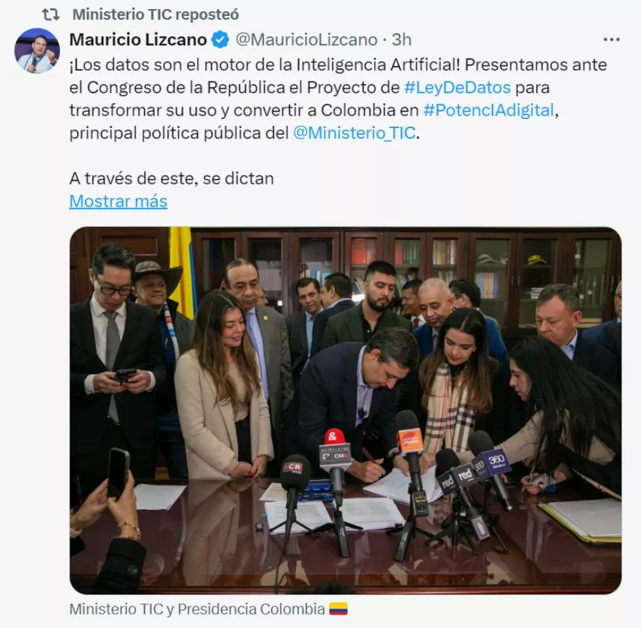 Le ministre Tic a mentionné que ce projet de loi vise à faire de la Colombie un leader numérique - crédit X/ @MauricioLizcano