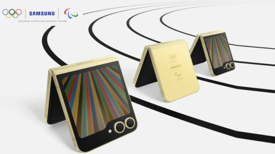 Le téléphone de Paris 2024 aura un design doré et les couleurs des anneaux olympiques. (Samsung)
