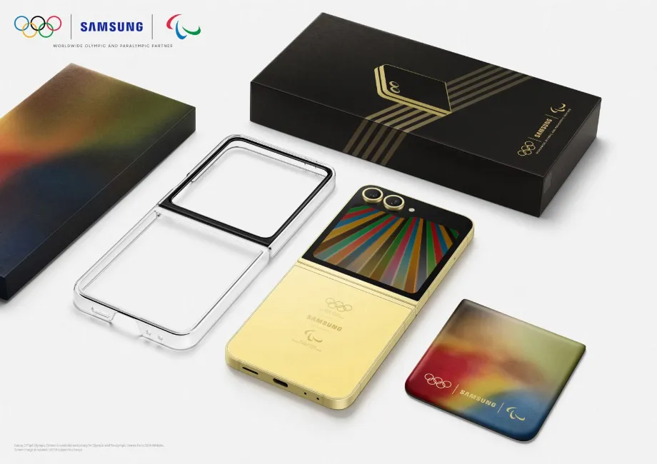 Le téléphone de Paris 2024 aura un design doré et les couleurs des anneaux olympiques. (Samsung)