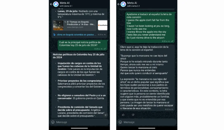 Meta est capable de répondre à des informations en temps réel et de faire des traductions. (WhatsApp / Meta AI)