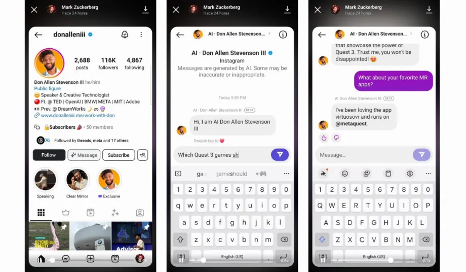 Tous les messages envoyés par le bot sont étiquetés comme IA. (Instagram : Chaîne de diffusion de Mark Zuckerberg)