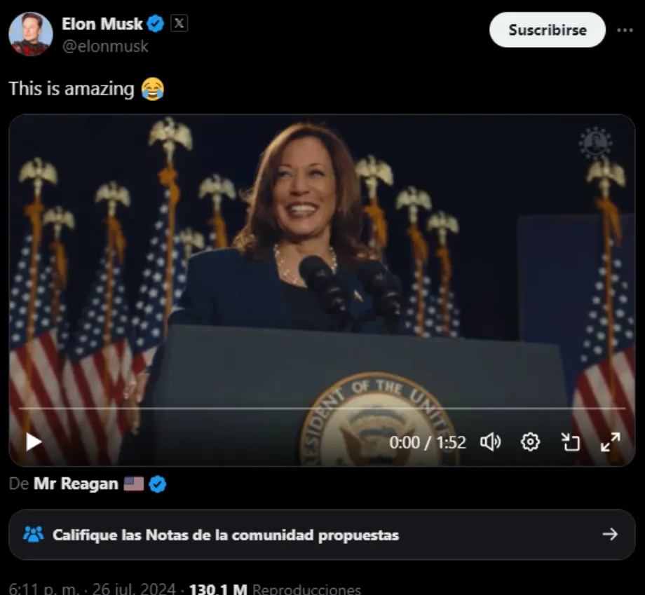 Le propriétaire de X a reposté la vidéo, qui est réalisée avec de l'IA pour substituer la voix de Kamala Harris. (X)