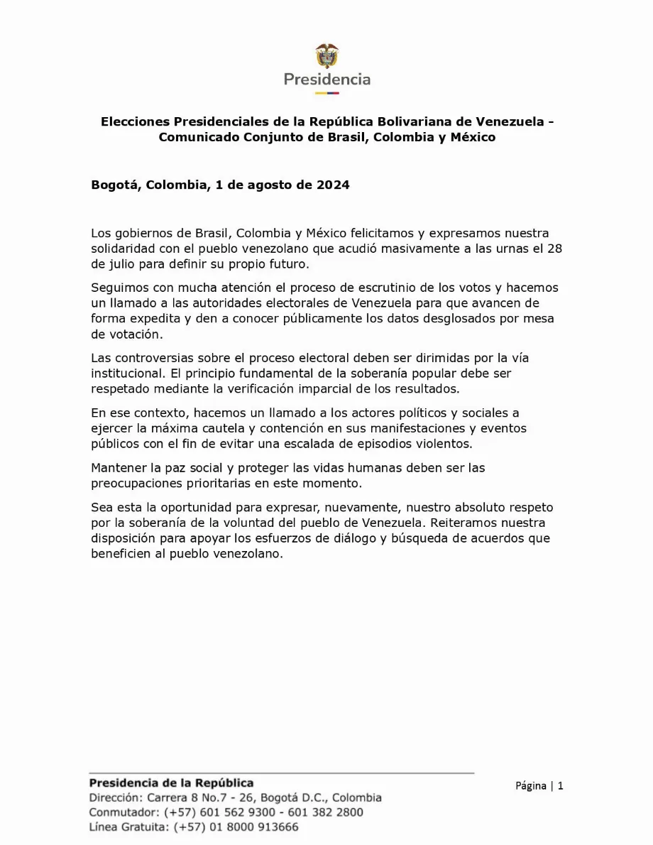 Communiqué conjoint des gouvernements de Colombie, du Mexique et du Brésil - crédit @petrogustavo/X