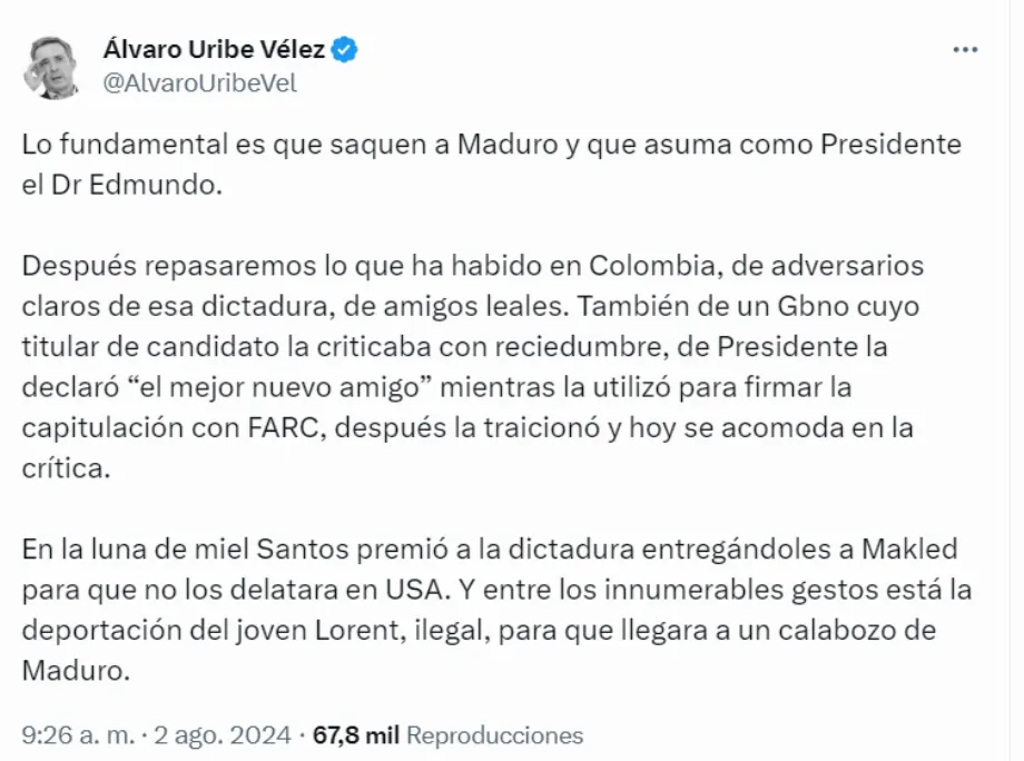 À travers les réseaux, l'ancien président Uribe s'en est pris à Santos - crédit @AlvaroUribeVel/X