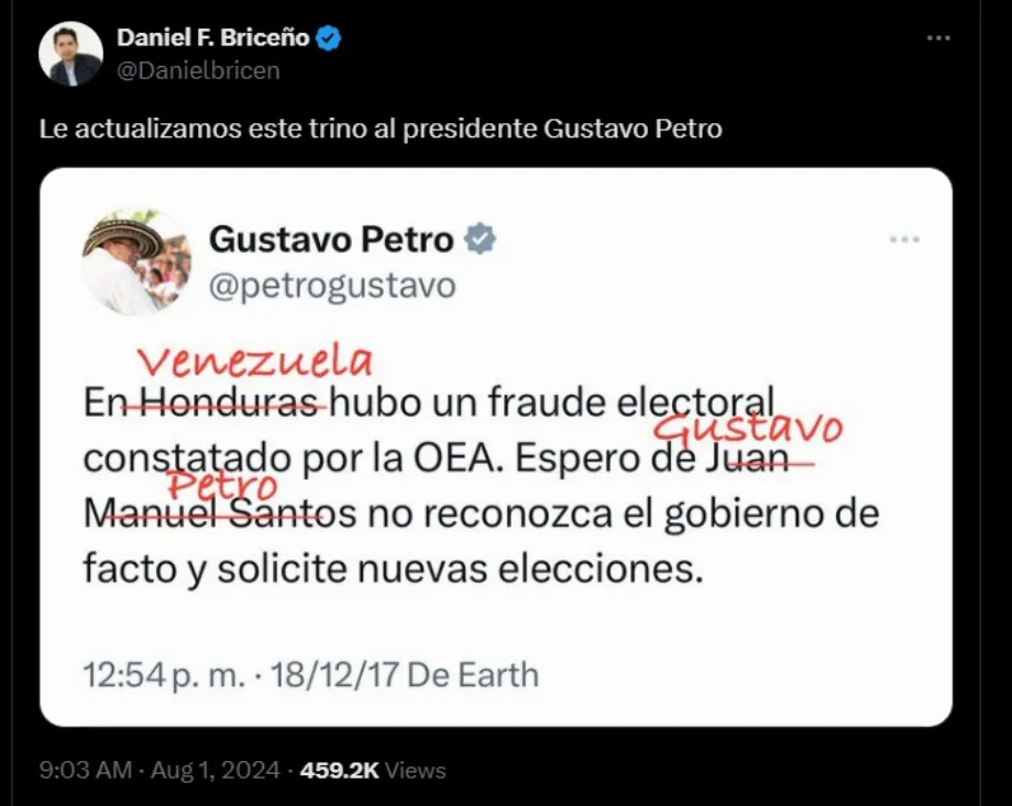 La publication originale de Petro sur les élections au Honduras a été altérée par des internautes provoquant des réactions intenses - crédit @DanielBricen/X