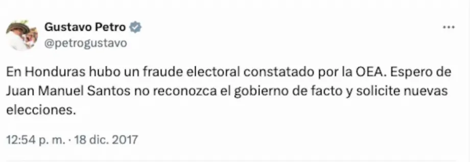 Message original de Gustavo Petro qualifiant d fraudes les élections au Honduras en 2017 - crédit @petrogustavo/X