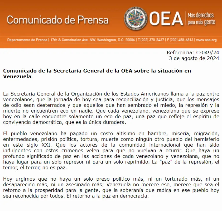 Le communiqué de l'OEA