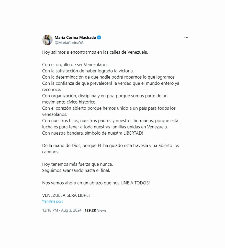 El tuit de María Corina Machado al inicio de las protestas 