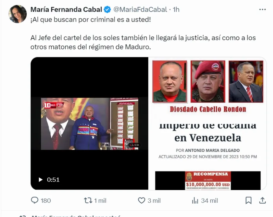 La sénatrice du Centre Démocratique ne s'est pas tût face aux accusations de Diosdado Cabello - crédit réseau social X