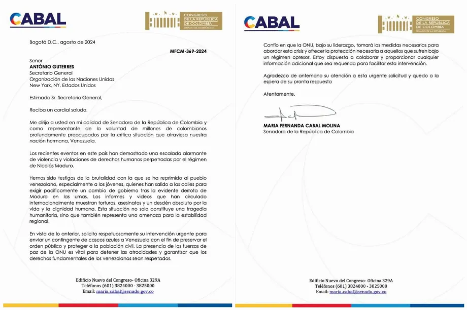 María Fernanda Cabal souligne dans sa lettre à António Guterres l'urgence d'une intervention après les répressions brutales contre de jeunes manifestants au Venezuela - crédit María Fernanda Cabal