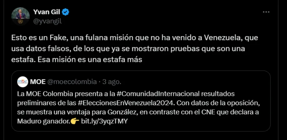 Réponse du chancelier Iván Gil concernant les déclarations de la MOE de Colombie- crédit @yvangil/X