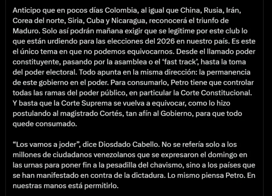 Germán Vargas Lleras sur le président Gustavo Petro - crédit @German_Vargas/X