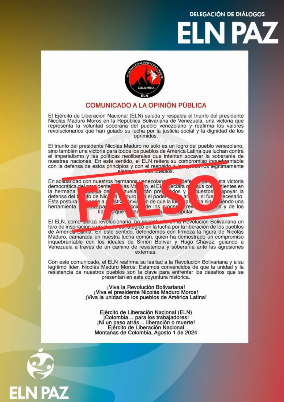 L'ELN dément le communiqué en soutien à Nicolás Maduro - crédit @DelegacionEln
