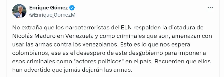 Enrique Gómez, de Salvación Nacional, s'exprime sur le faux communiqué de l'ELN - crédit @Enrique_GomezM/X