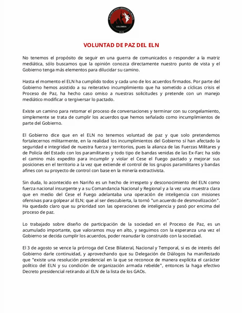 L'ELN assure que le Gouvernement n'a pas une volonté de paix sincère - crédit @DelegacionEln/X