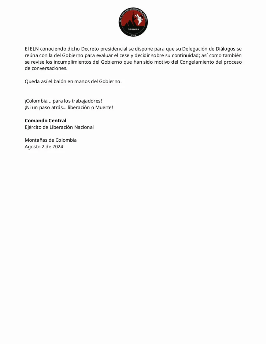 La guérilla veut être réitérée comme GAO - crédit @DelegacionEln/X
