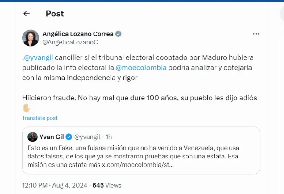 Angélica Lozano répond au ministre des Affaires étrangères du Venezuela - crédit @AngelicaLozanoC