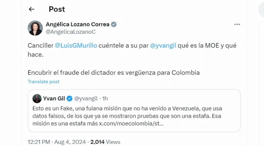 Angélica Lozano a demandé au ministre de la Colombie, Luis Gilberto Murillo, de lui expliquer à son homologue au Venezuela ce qu'est la MOE - crédit @AngelicaLozanoC