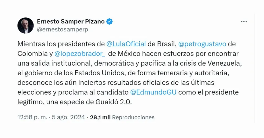 Avec cette publication, l'ancien président Ernesto Samper est sorti en défense du régime de Nicolás Maduro et des résultats qui le donnent gagnant des élections du 28 juillet - crédit @ernestosamperp/X