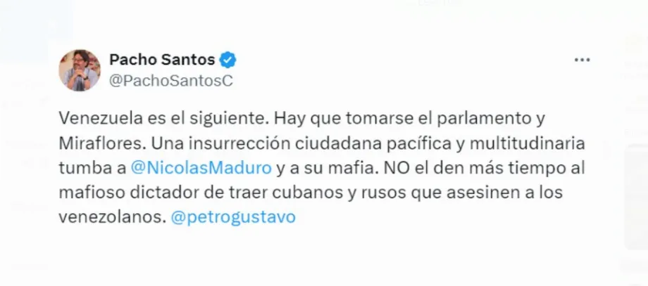 Francisco Santos a publié un message dans lequel il appelle à une insurrection pacifique au Venezuela pour destituer Nicolás Maduro - crédit @PachoSantosC/X