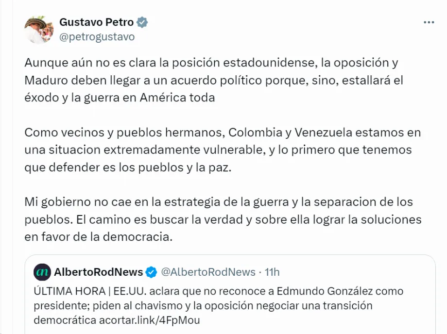 Le président a demandé à l'opposition du Venezuela de dialoguer pour éviter un exode de citoyens vers des pays voisins - crédit réseau social X