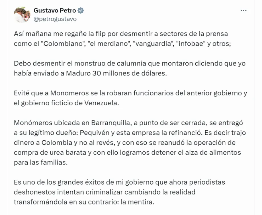 Petro parle de financement présumé de Monómeros à Maduro - crédit @petrogustavo/X