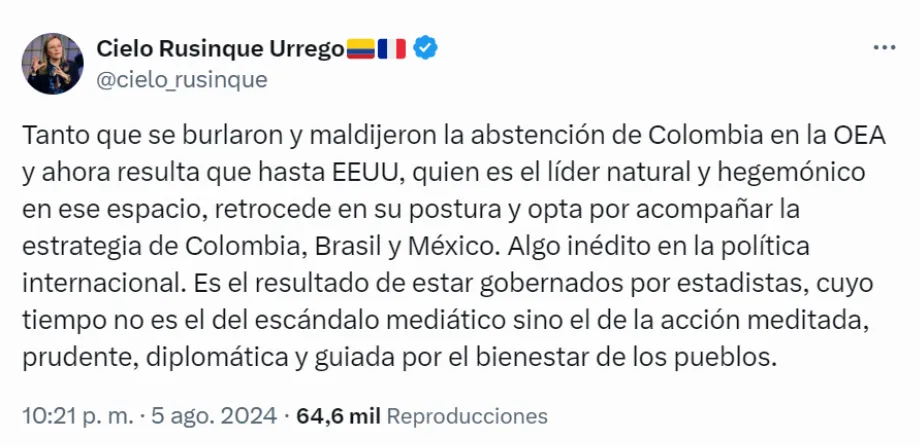 Cielo Rusinque a défendu le président Gustavo Petro pour sa position concernant les élections au Venezuela - crédit réseau social X