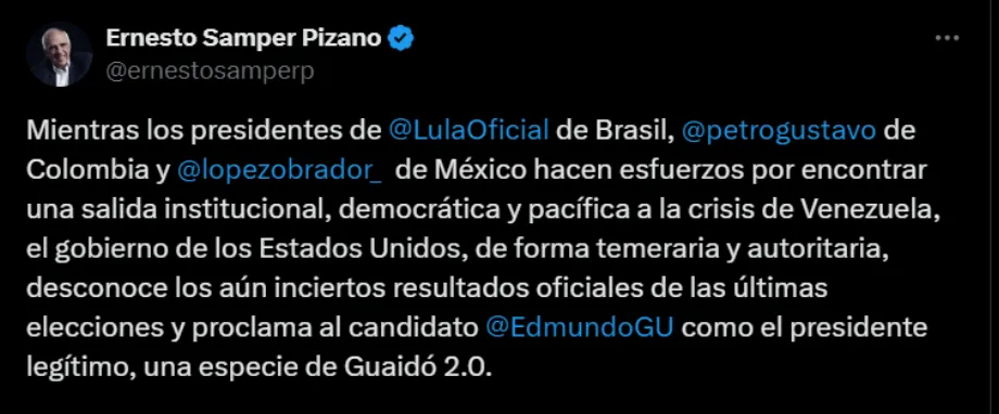 Déclaration d'Ernesto Samper en défense de Nicolás Maduro - crédit @IBetancourtCol/X