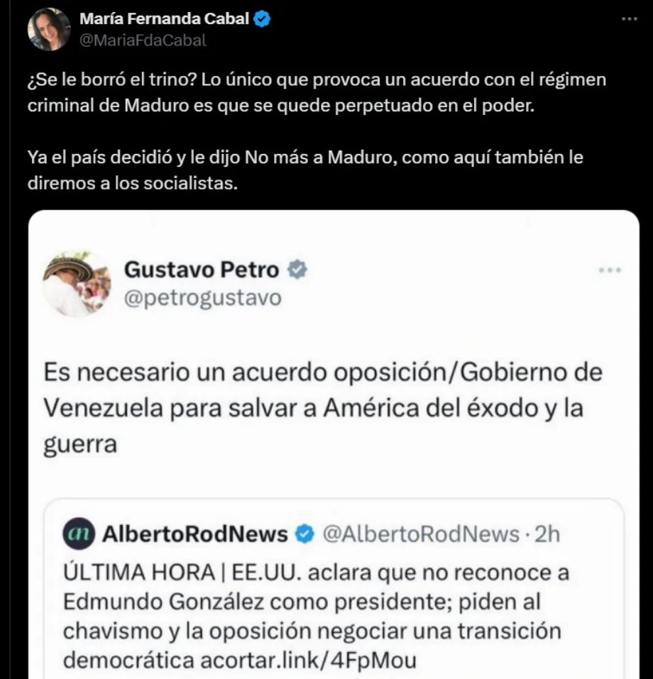 María Fernanda Cabal sur le président Gustavo Petro - crédit @MariaFdaCabal/X