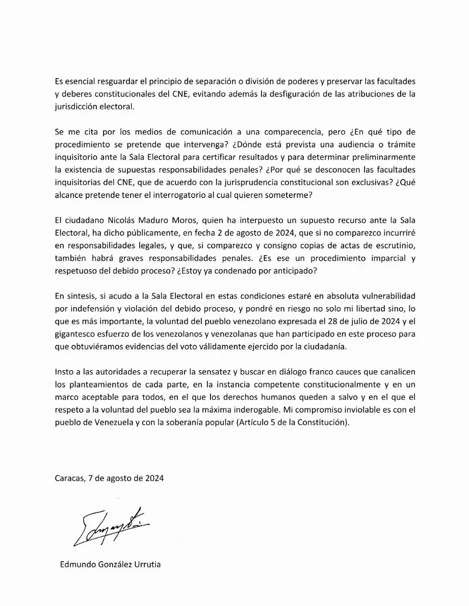 Deuxième partie de la lettre d'Edmundo González Urrutia