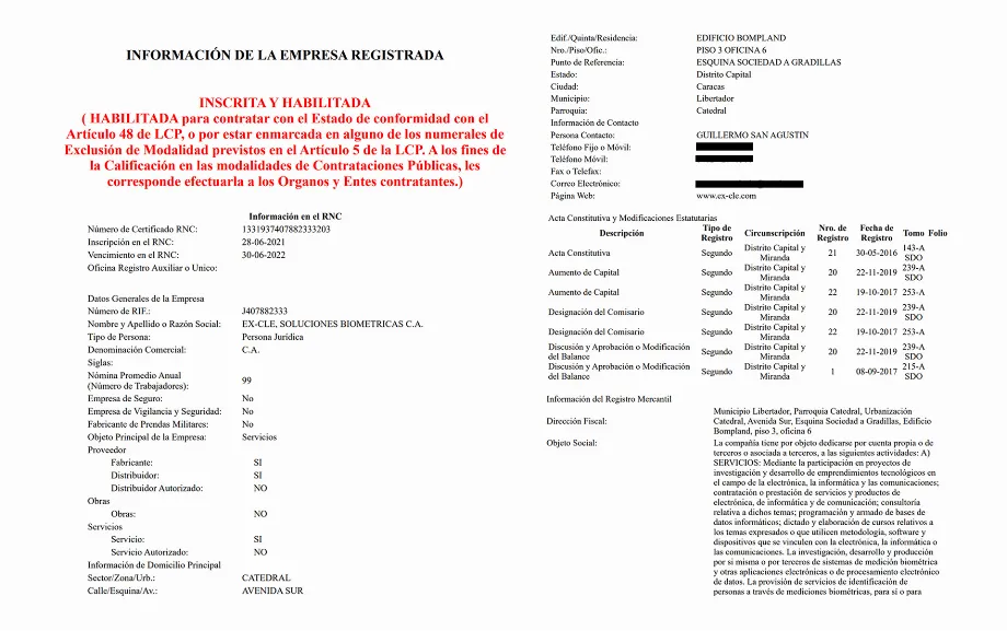 Inscription d'Ex Clé au registre national des Entrepreneurs du Venezuela