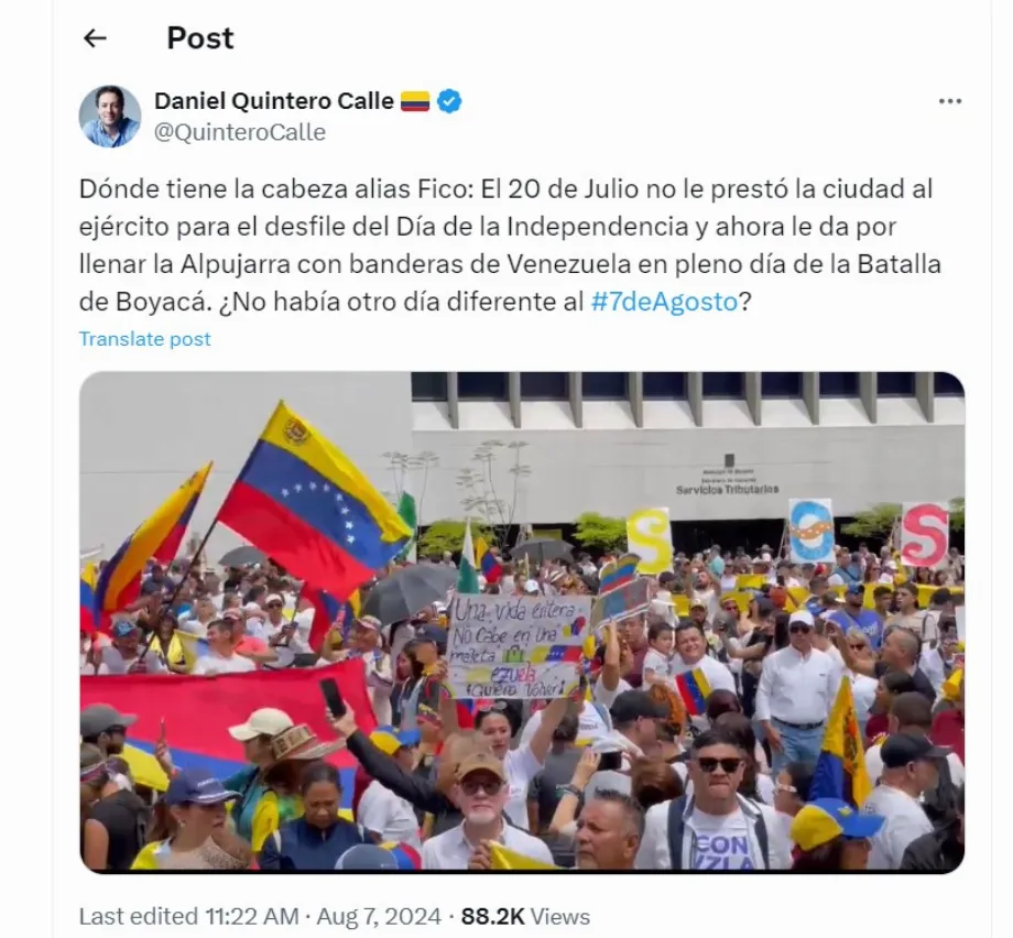 Daniel Quintero demande si la mobilisation soutenant le peuple vénézuélien ne pouvait pas être réalisée un jour différent du 7 août - crédit @QuinteroCalle