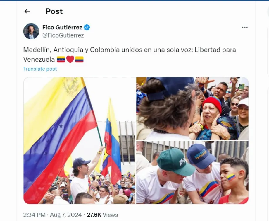Fico Gutiérrez a fait un message sur son compte X en soutien au Venezuela - crédit @FicoGutierrez