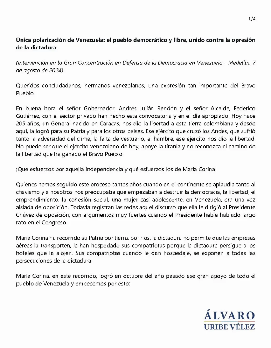 L'ancien président a félicité les Vénézuéliens pour leur résistance contre le régime - crédit @AlvaroUribeVel/X