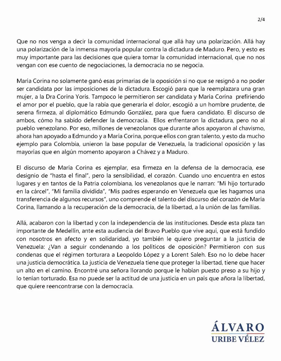 Uribe a dit aux Vénézuéliens qu'il y avait déjà un libérateur né à Caracas - crédit @AlvaroUribeVel/X