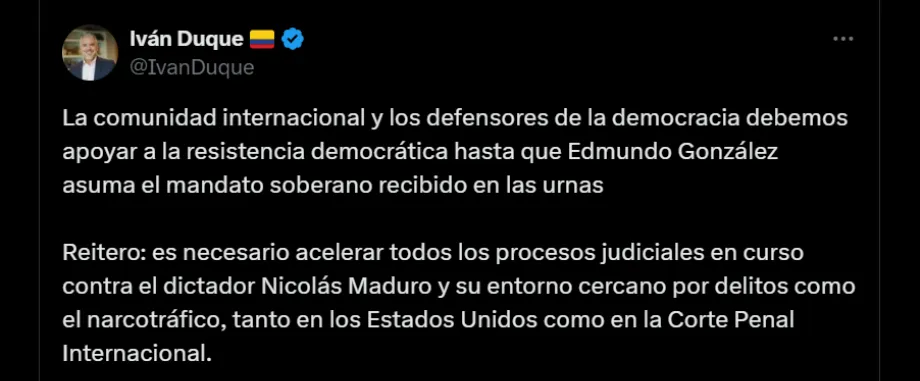 Iván Duque appelle la communauté internationale à faire pression pour la sortie de Nicolás Maduro - crédit @IvanDuque/X